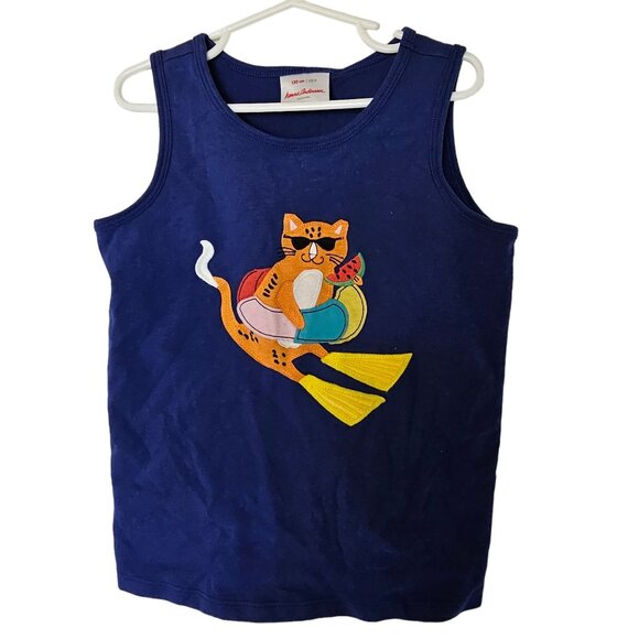 Hanna Anderson Tank Top Blue Applique Cat Watermelon Girls Size 8 Years 130 - Picture 2 of 6